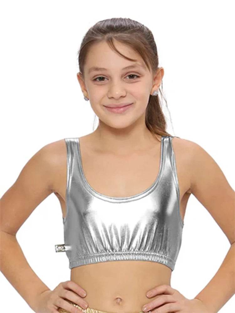 KIDS GIRLS SHINY CROP TOP TANK METALLIC LOOK CHILDREN DANCE BRA FANCY PARTY VEST | UK