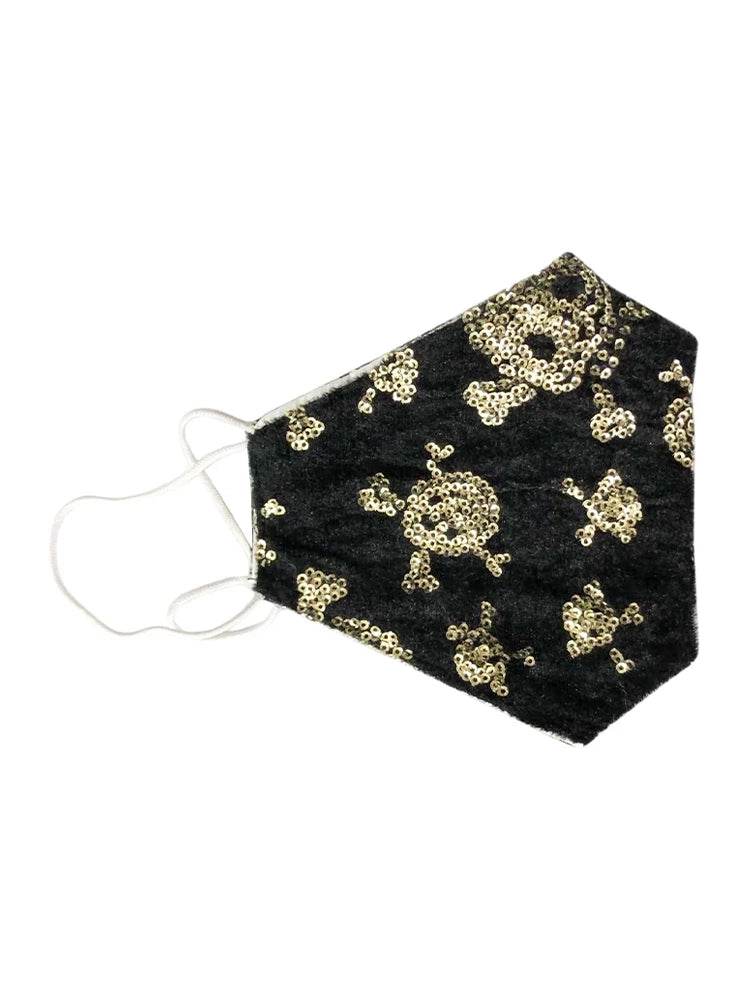 Ladies Black Velvet Sequin Skull Face Covering Mask - thefancydress.co.uk