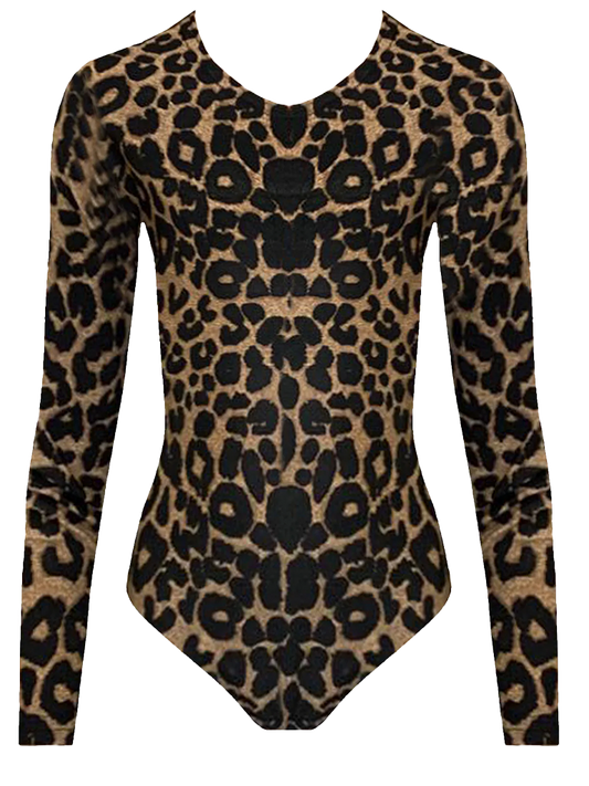 Girls Leopard Army Print Long Sleeve Gym Leotard Top leopard printed