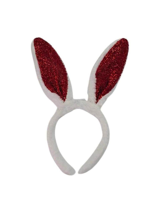 White Bunny Ears Headband with Red Glitter - thefancydress.co.uk
