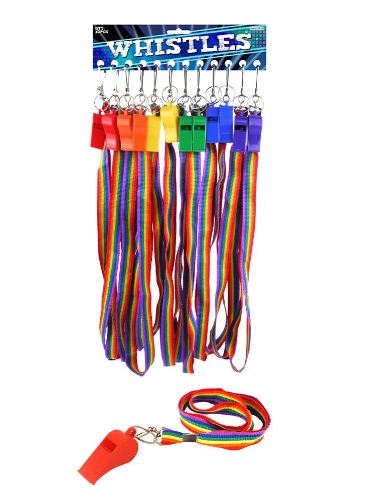 12 PCS Rainbow Whistle Plastic 5.5cm Cord 6 Assorted Colour - thefancydress.co.uk