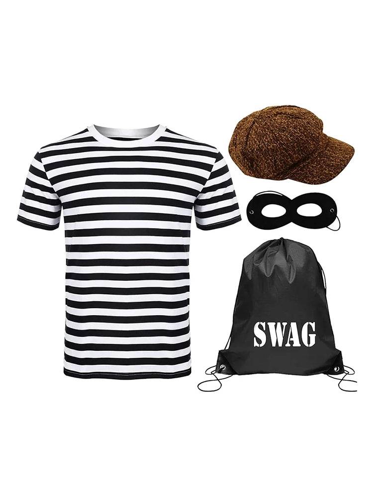 Men's 4Pcs Robber Costume Set– Striped Burglar Costume for Adults - thefancydress.co.uk