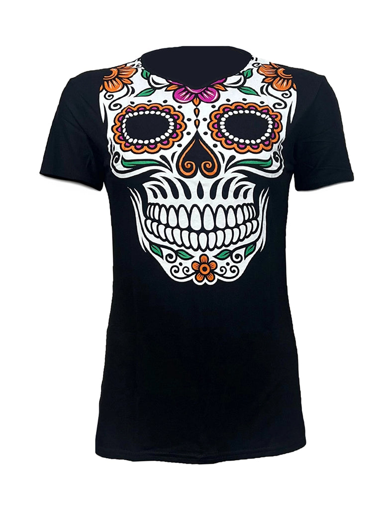 Ladies Horror Mexican Skull Printed Black T-Shirt