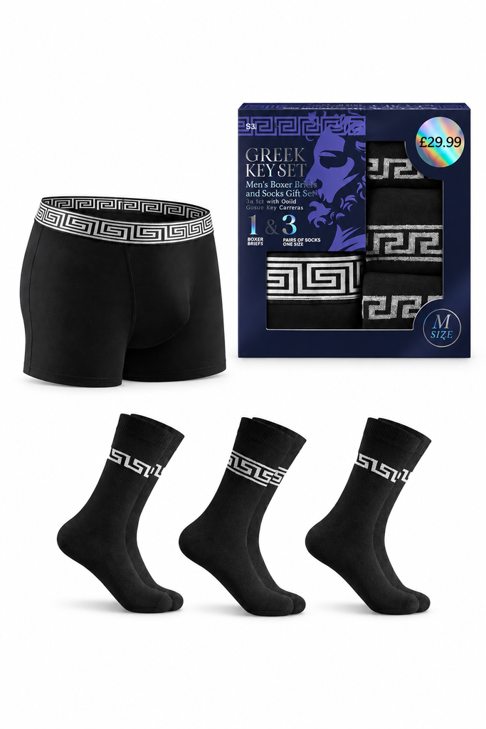 Active Star Men's Boxer Briefs and Socks Set Styled With Silver Greek Key Pattern (Sold in Cartons Only)
