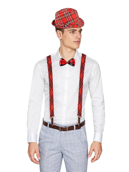 3 Pcs Men's Wear Tartan Set (Hat, Bow Tie, Braces) - thefancydress.co.uk