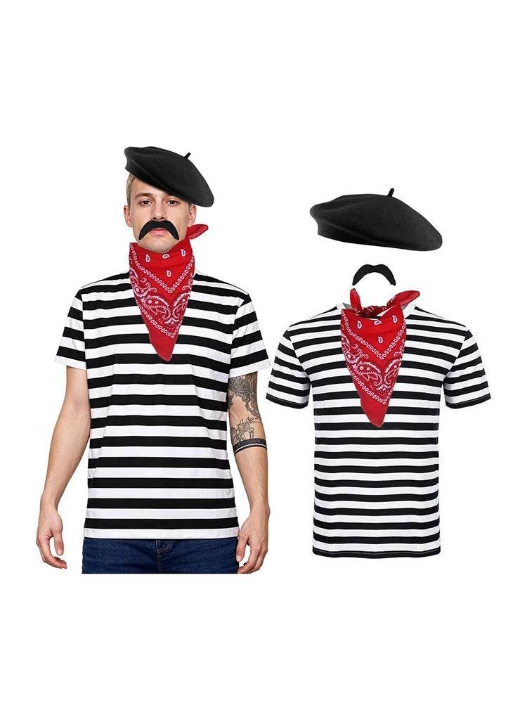 4Pc French Man Artist Mime Costume Set - thefancydress.co.uk