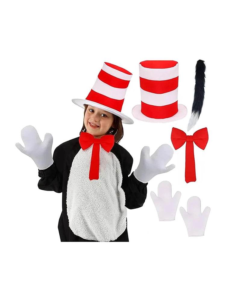 Child’s 4 Pcs Cat in the Hat Set - Striped Hat, Red Bow Tie, Cat Tail & White Gloves Sets - thefancydress.co.uk
