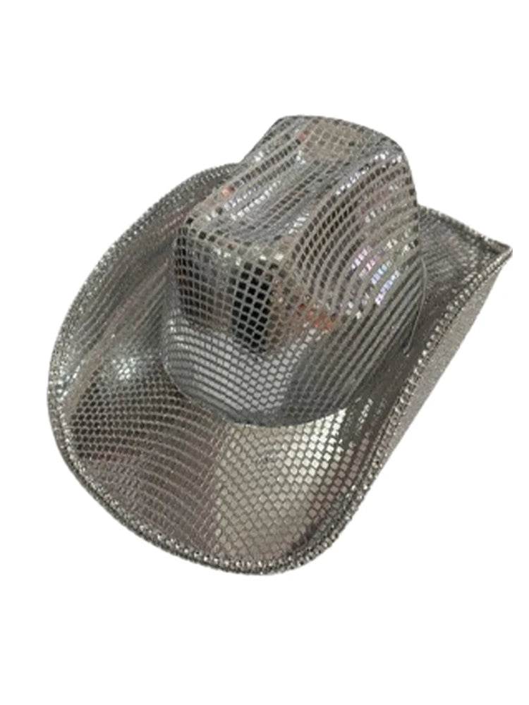 Adult Festival Silver Sequin Disco Cowboy Hat - thefancydress.co.uk