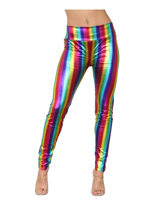 Adult High Waist Rainbow Shiny Metallic Legging front