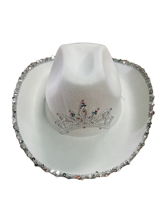 Adult Light Up Tiara Cowboy Hat With Sequin Trim whie