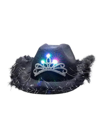 Adult Pink Fluffy Brim Cowboy Hat With Light Up Tiara black