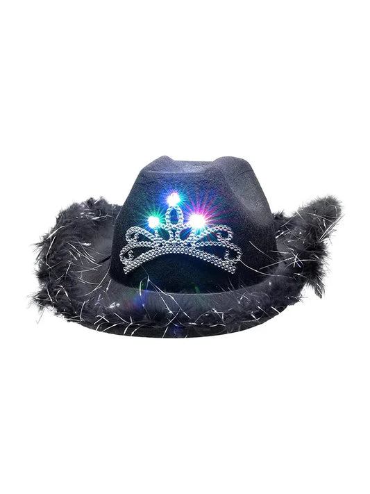 Adult Pink Fluffy Brim Cowboy Hat With Light Up Tiara black
