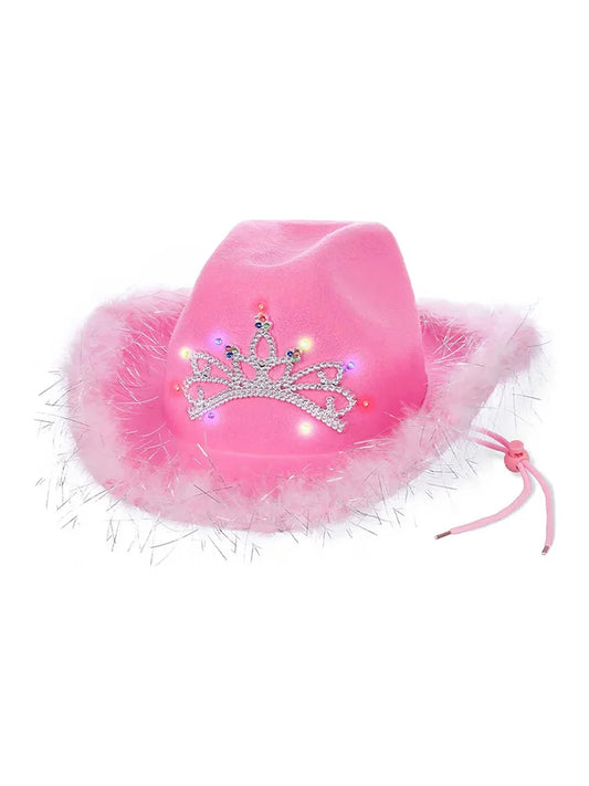 Adult Pink Fluffy Brim Cowboy Hat With Light Up Tiara pink