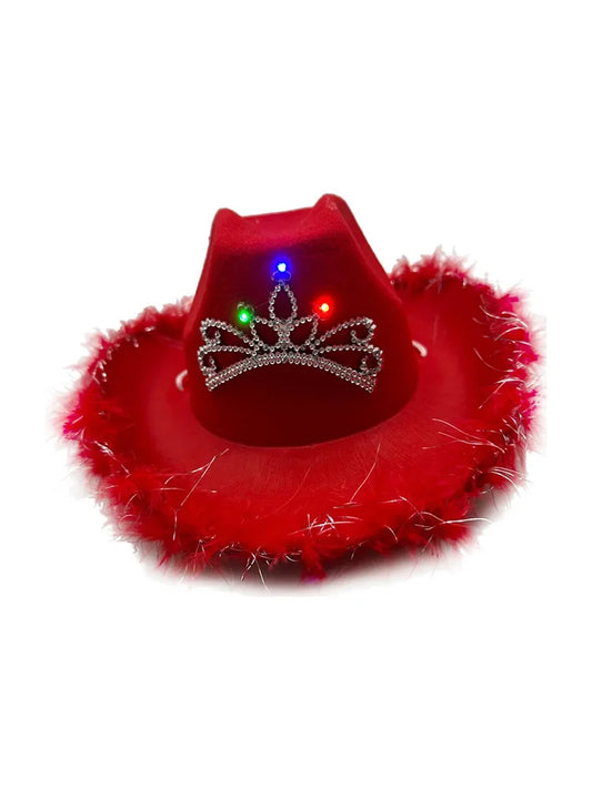 Adult Pink Fluffy Brim Cowboy Hat With Light Up Tiara red