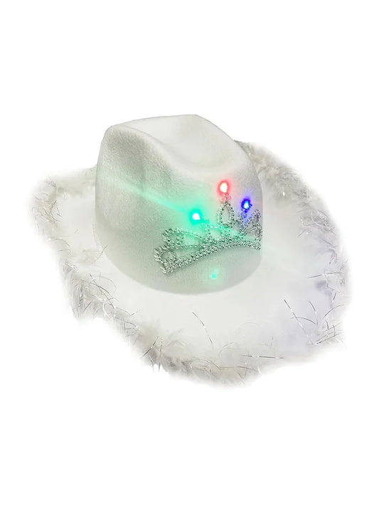 Adult Pink Fluffy Brim Cowboy Hat With Light Up Tiara white