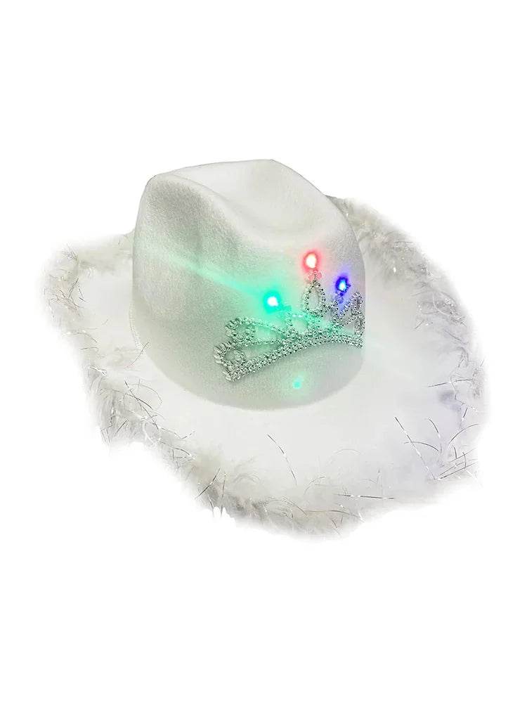 Adult Pink Fluffy Brim Cowboy Hat With Light Up Tiara - thefancydress.co.uk