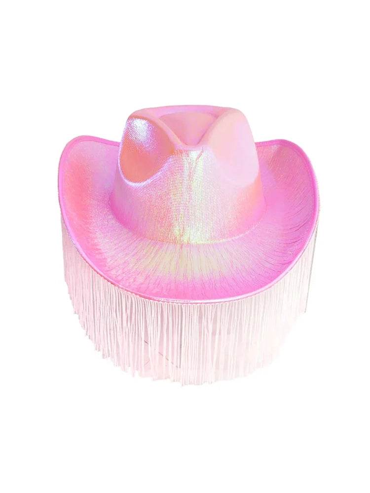 Adult Pink Iridescent Cowboy Hat With Fringe - thefancydress.co.uk