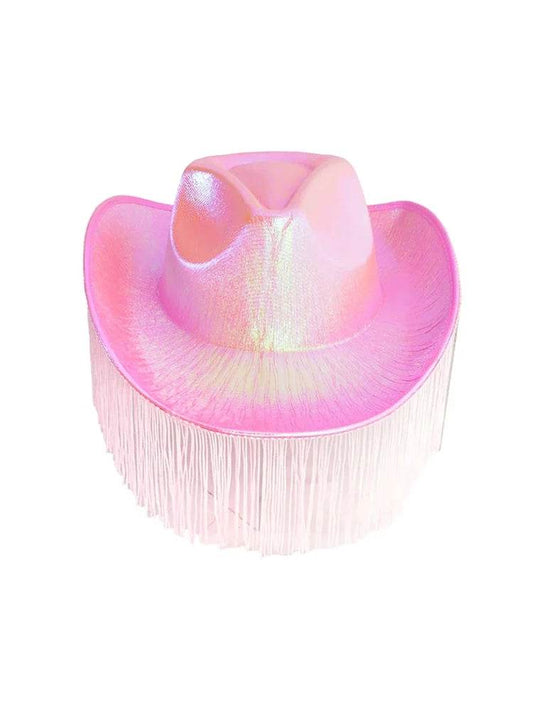 Adult Pink Iridescent Cowboy Hat With Fringe - thefancydress.co.uk
