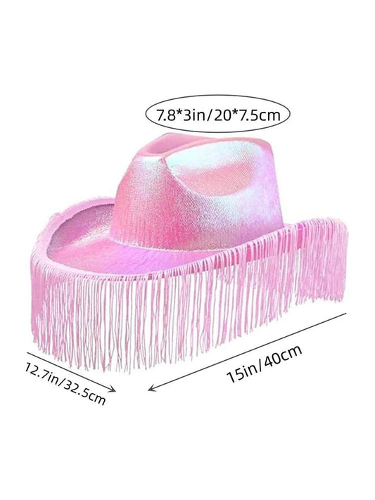 Adult Pink Iridescent Cowboy Hat With Fringe - thefancydress.co.uk