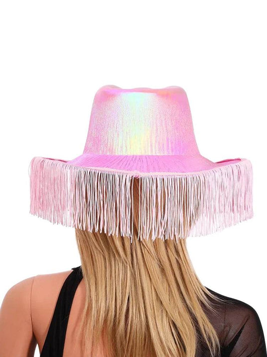 Adult Pink Iridescent Cowboy Hat With Fringe - thefancydress.co.uk