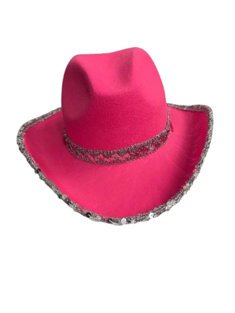 Adult Pink Western Cowgirl Hat with Sequin Band & Trim - thefancydress.co.uk