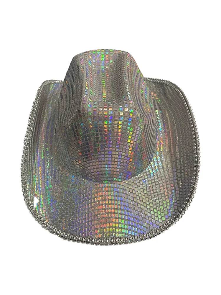 Adult Rainbow Silver Sequin Festival Cowboy Hat - thefancydress.co.uk