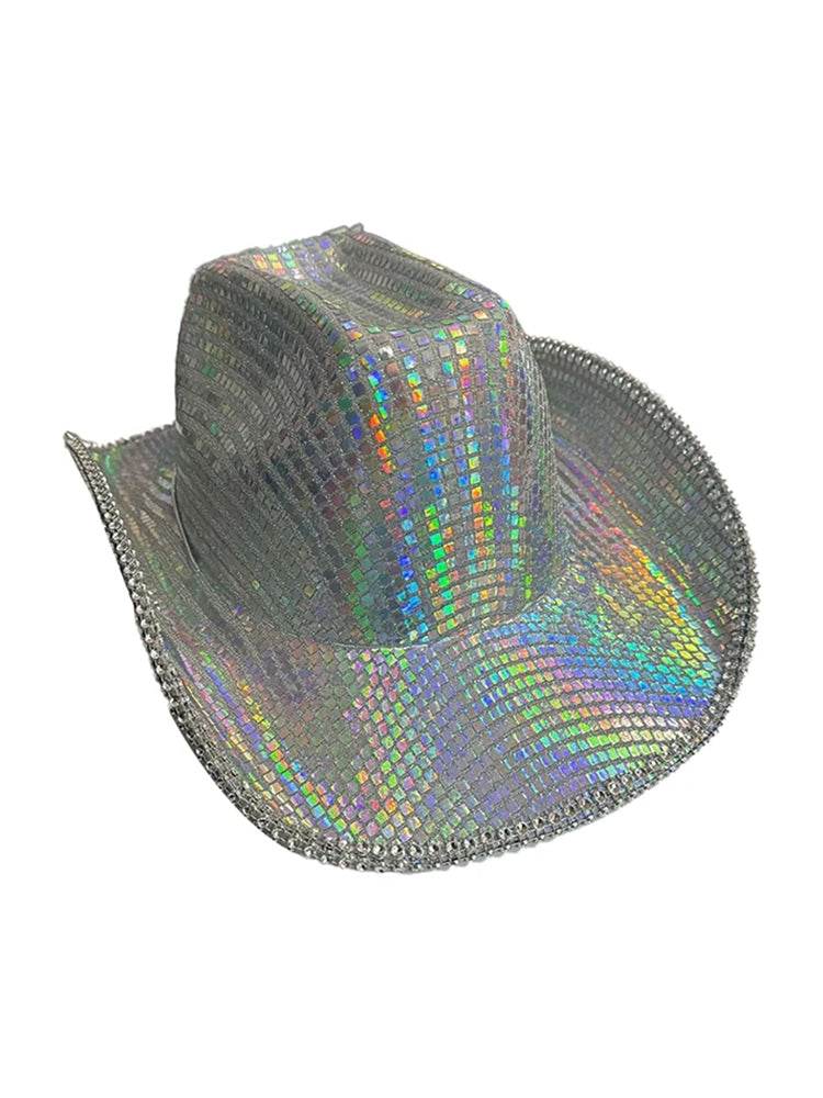 Adult Rainbow Silver Sequin Festival Cowboy Hat - thefancydress.co.uk