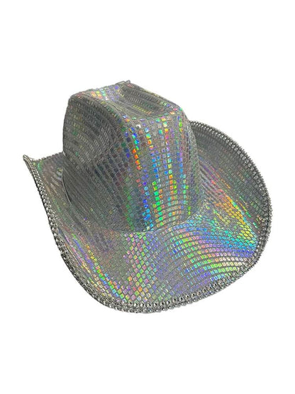 Adult Rainbow Silver Sequin Festival Cowboy Hat - thefancydress.co.uk
