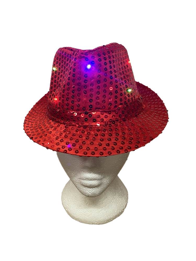 Adult Red LED Light Up Sequin Trilby Hat - thefancydress.co.uk