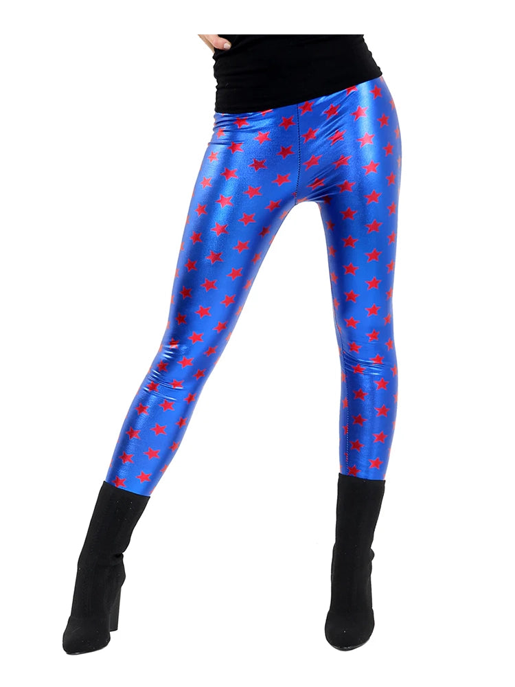 Adult Women's Luxury Shiny Metallic Leggings red stars