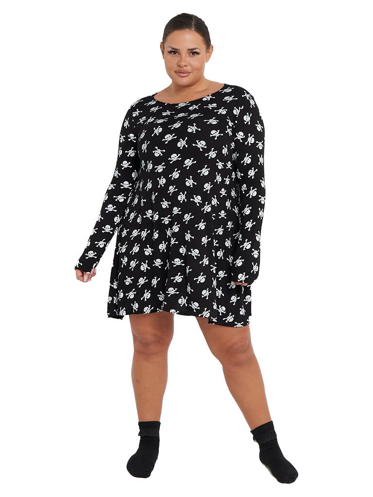 Women's Skull-Printed Black Swing Dress Costume