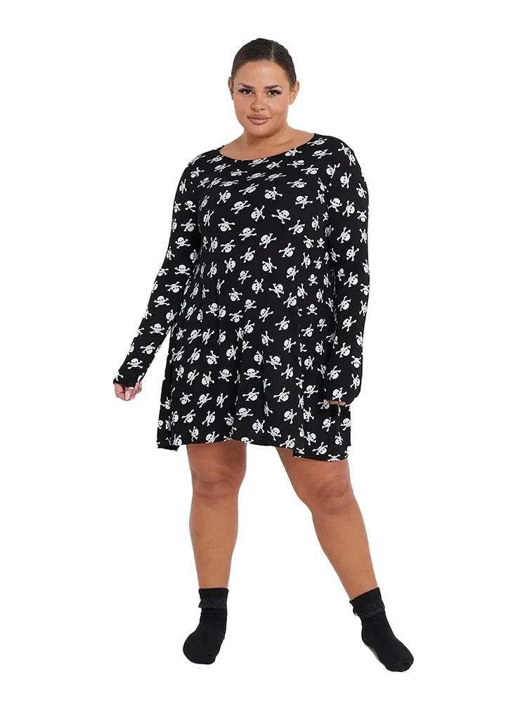 Women's Skull-Printed Black Swing Dress Costume - thefancydress.co.uk