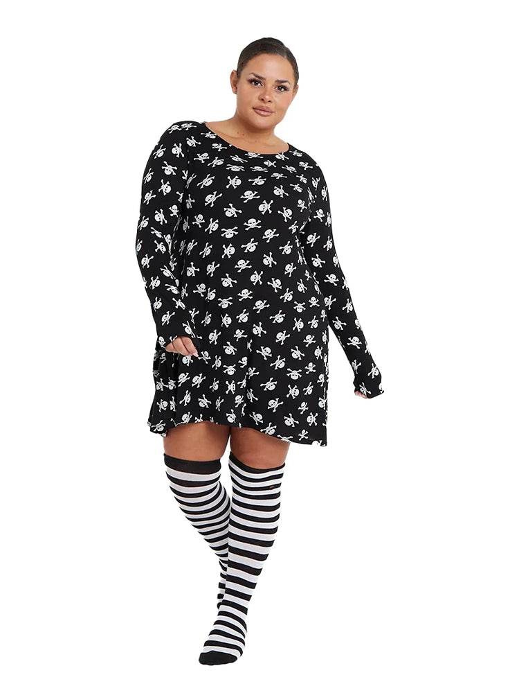 Women's Skull-Printed Black Swing Dress Costume - thefancydress.co.uk