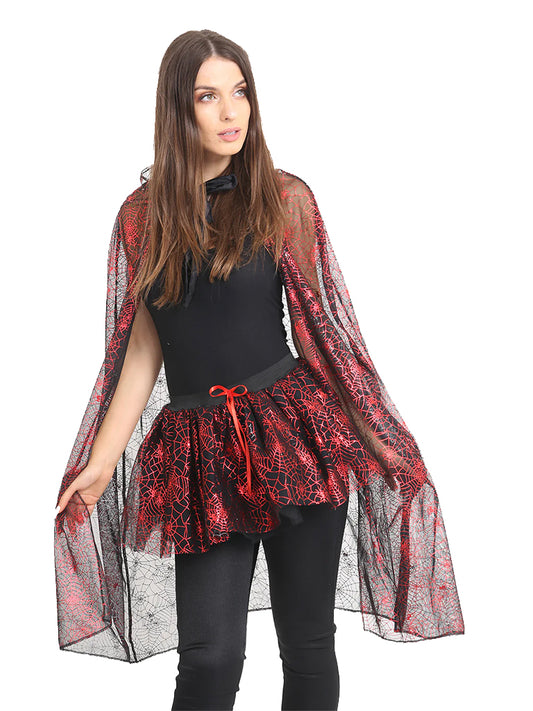 Ladies Halloween Fancy Dress Red Spider web Cape