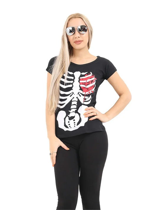 Black Skeleton Bloody Heart Printed T-Shirt