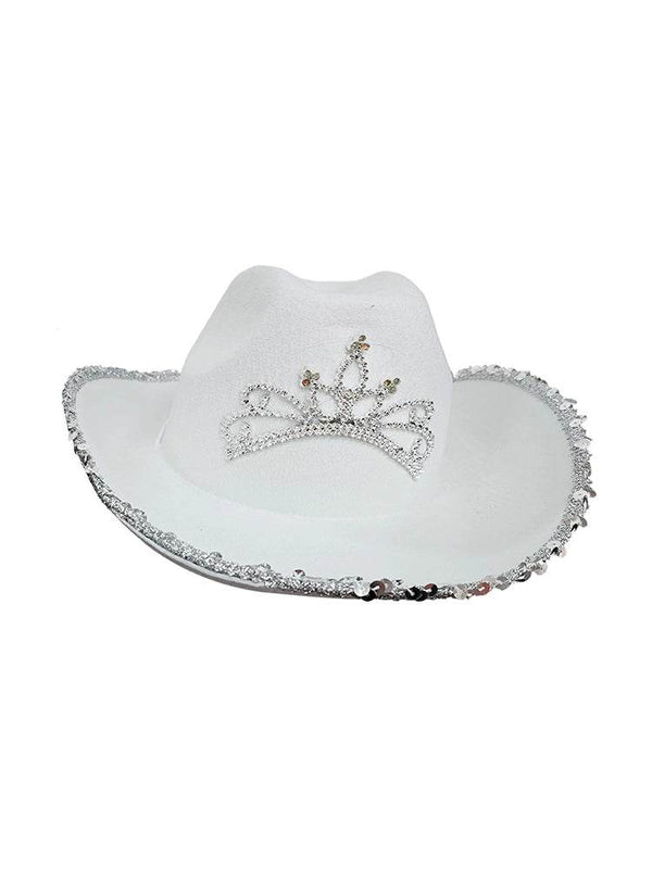 Light Up Tiara White Cowboy Hat with Sequin Trim - thefancydress.co.uk