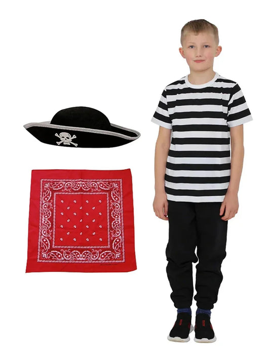 Boys Pirate Costume Set - Striped T-shirt, Hat & Bandana