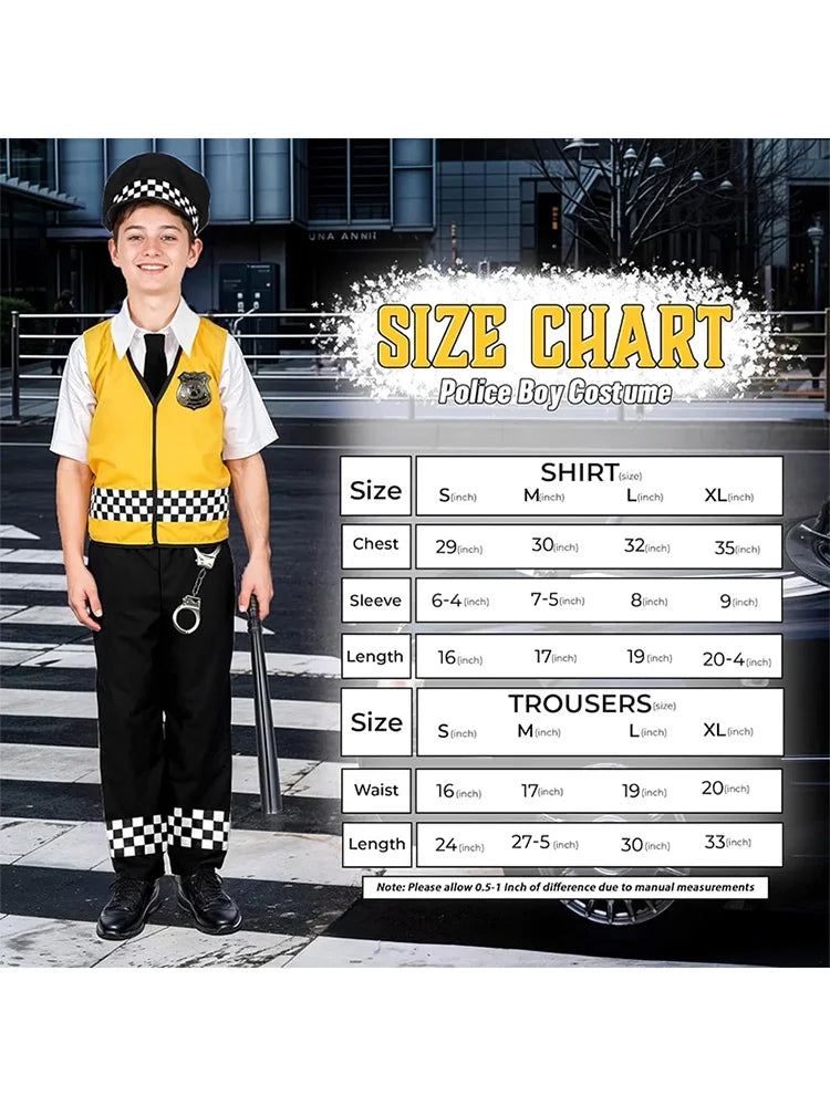 Boys Policeman Dress Up Fancy Dress Police Officer Role Play Set size chart