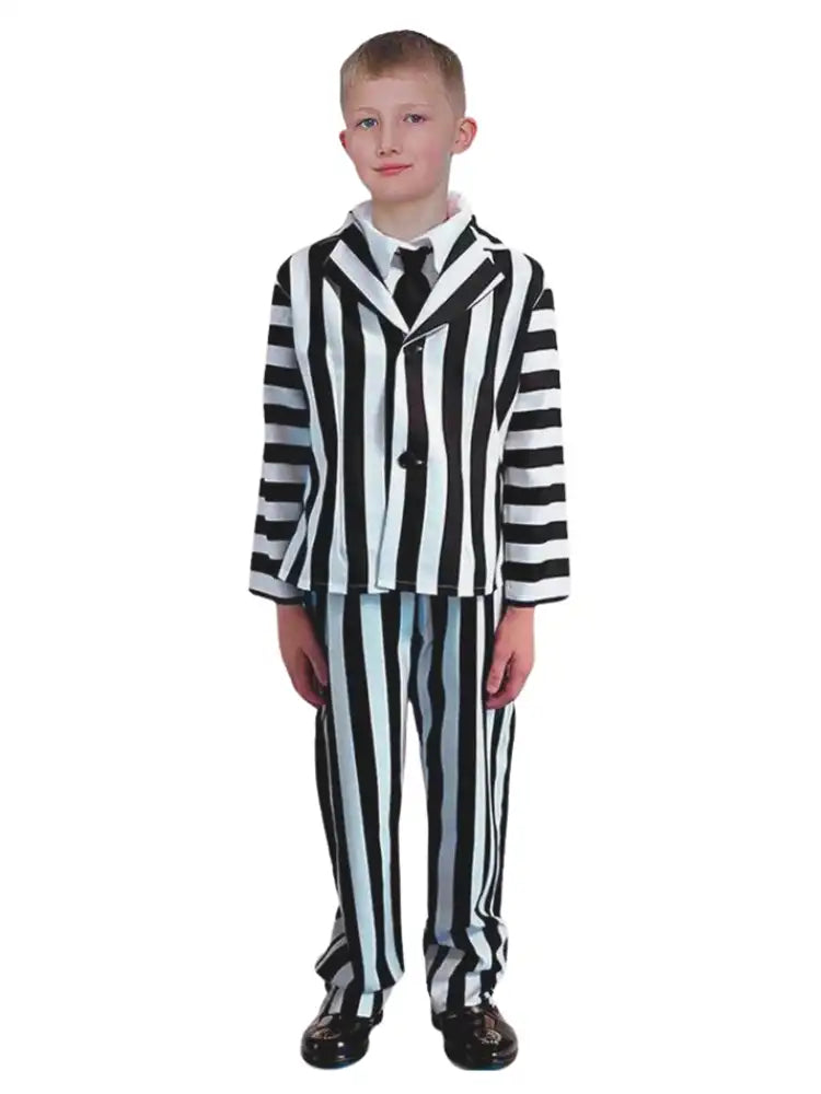 Child wearing a black and white striped costume on a white background