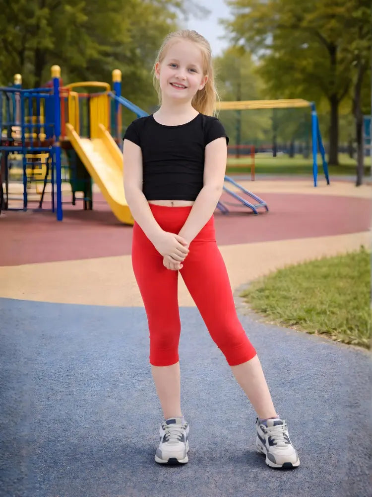 Girls Red Cotton Leggings 3/4 Length