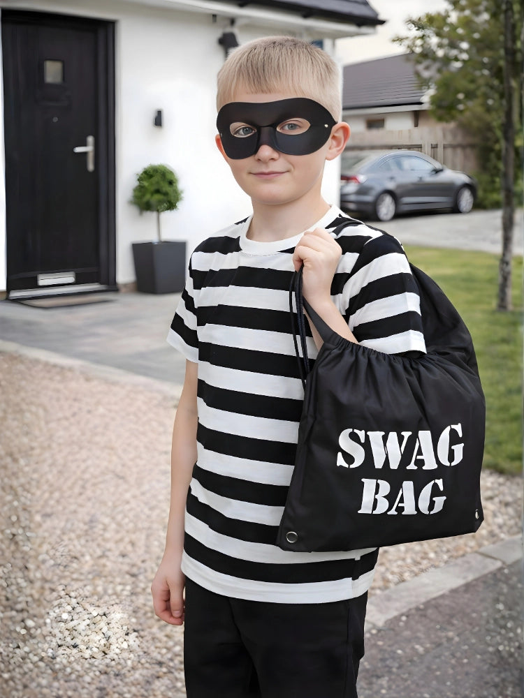 Child in striped shirt and mask holding a 'SWAG BAG' outside a house.

Boys Book Week Robber Thief Burglar Costume Set