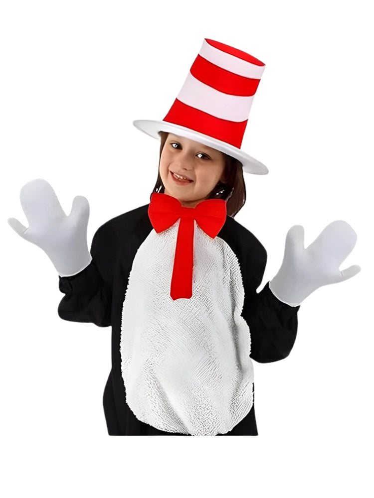 Child’s 3 Pcs Cat in the Hat Set - Striped Hat, Red Bow Tie & White Gloves Sets