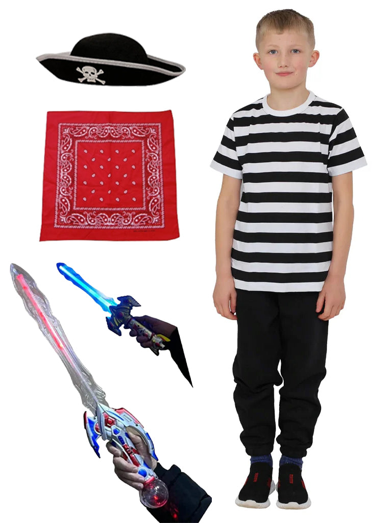 Boys Pirate Costume Set - Striped T-shirt, Hat, Bandana & Light Up Sword