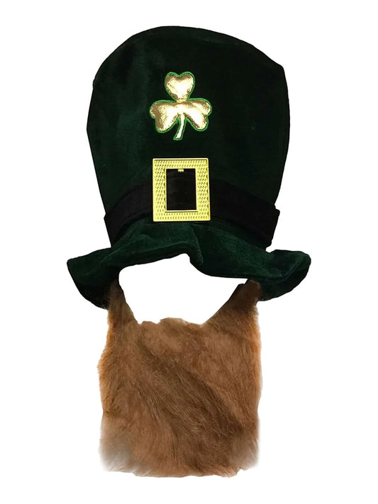 Deluxe Green Leprechaun Irish Shamrock Velvet Hat With Ginger Beard Set