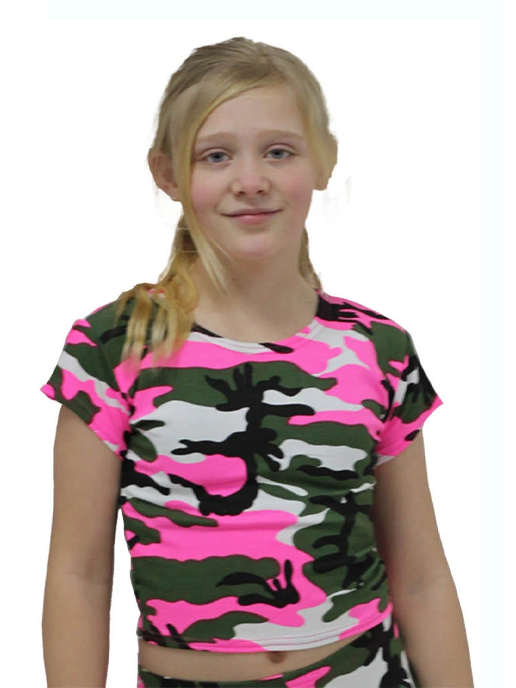 Girls Camouflage Crop Top Short Sleeves pink and green