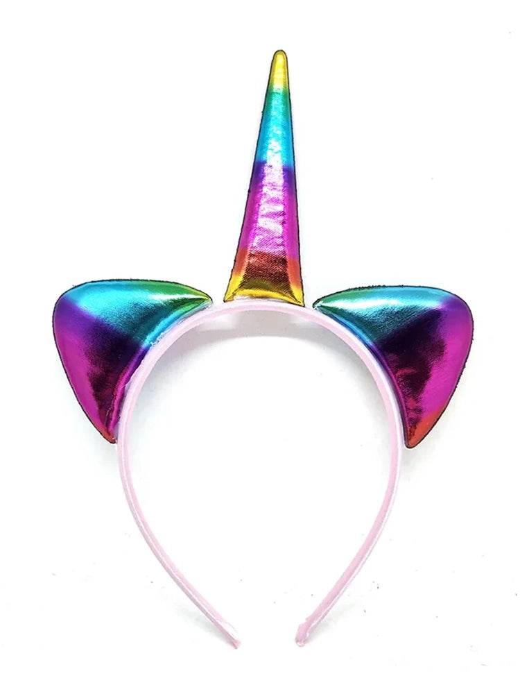 Girls Metallic Rainbow Unicorn Horn & Ears Headband - thefancydress.co.uk