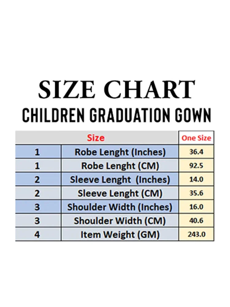 Girls Primary School Graduation Gown and Cap 2-Piece Set size chart