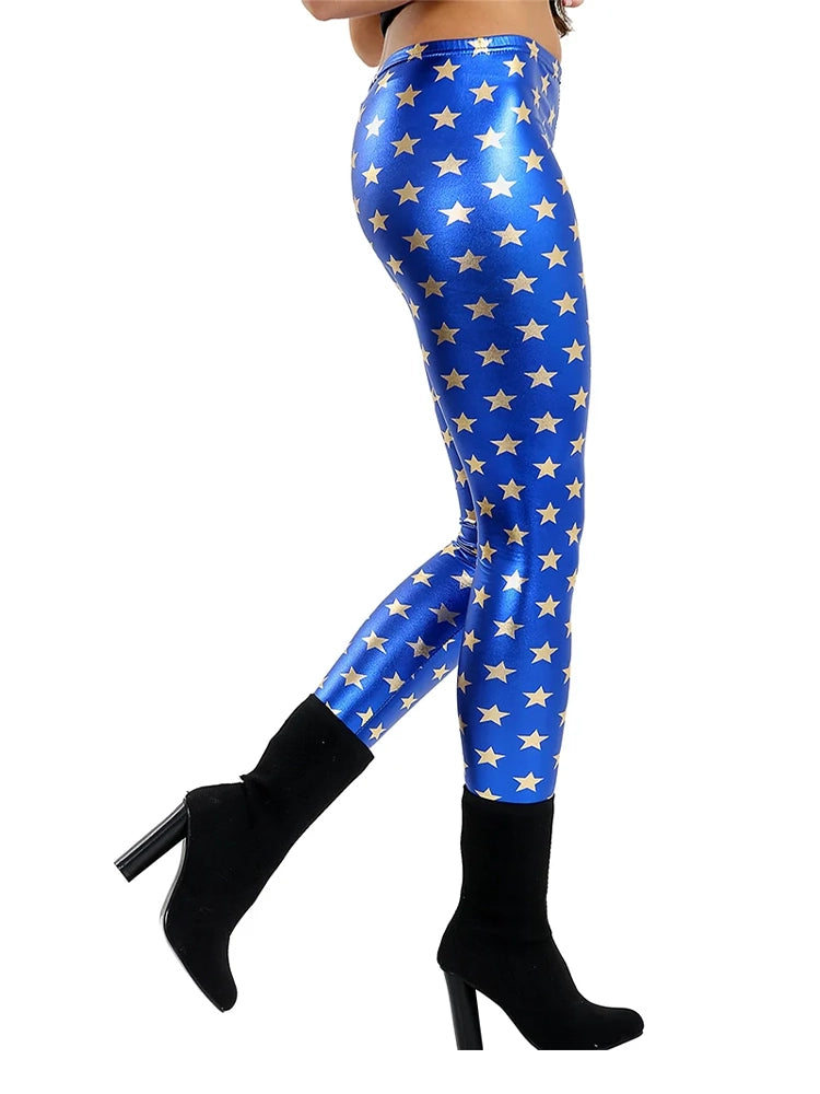Girls Shiny Metallic Printed Leggings golden stars