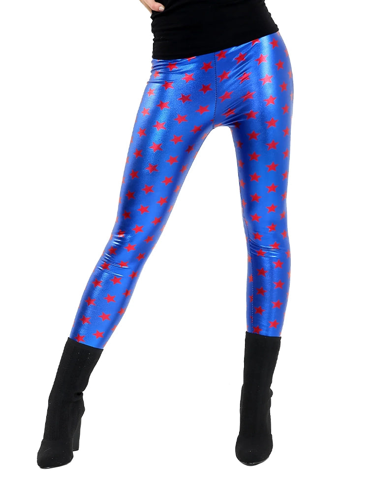 Girls Shiny Metallic Printed Leggings red