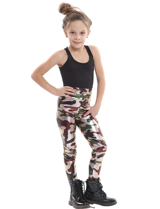 Girls Shiny Metallic Printed Leggings camouflage